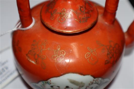 A Chinese coral ground famille rose teapot, late 19th century, H. 13cm